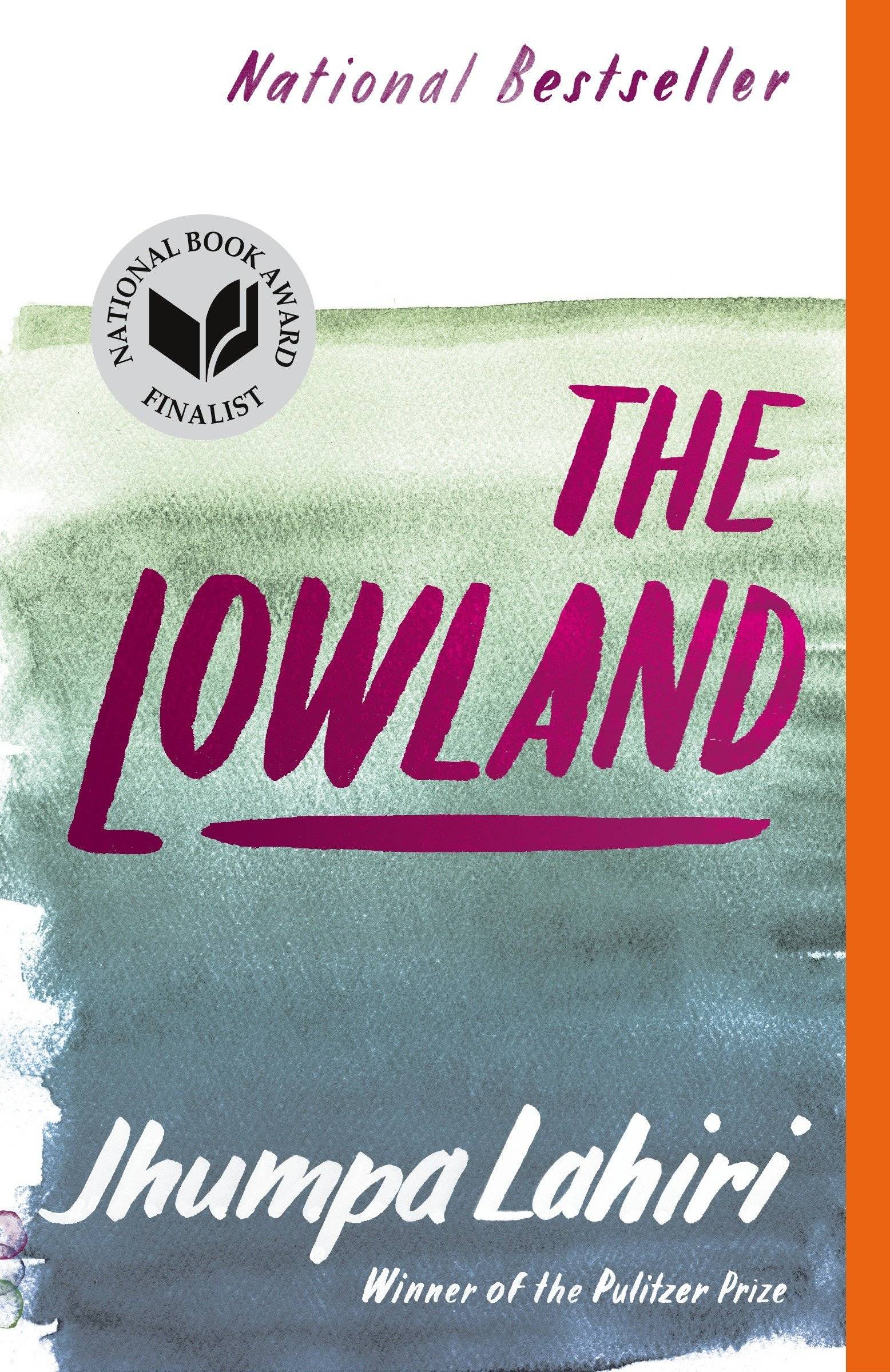 "The Lowland" book cover featuring a blue watercolor background and maroon text.